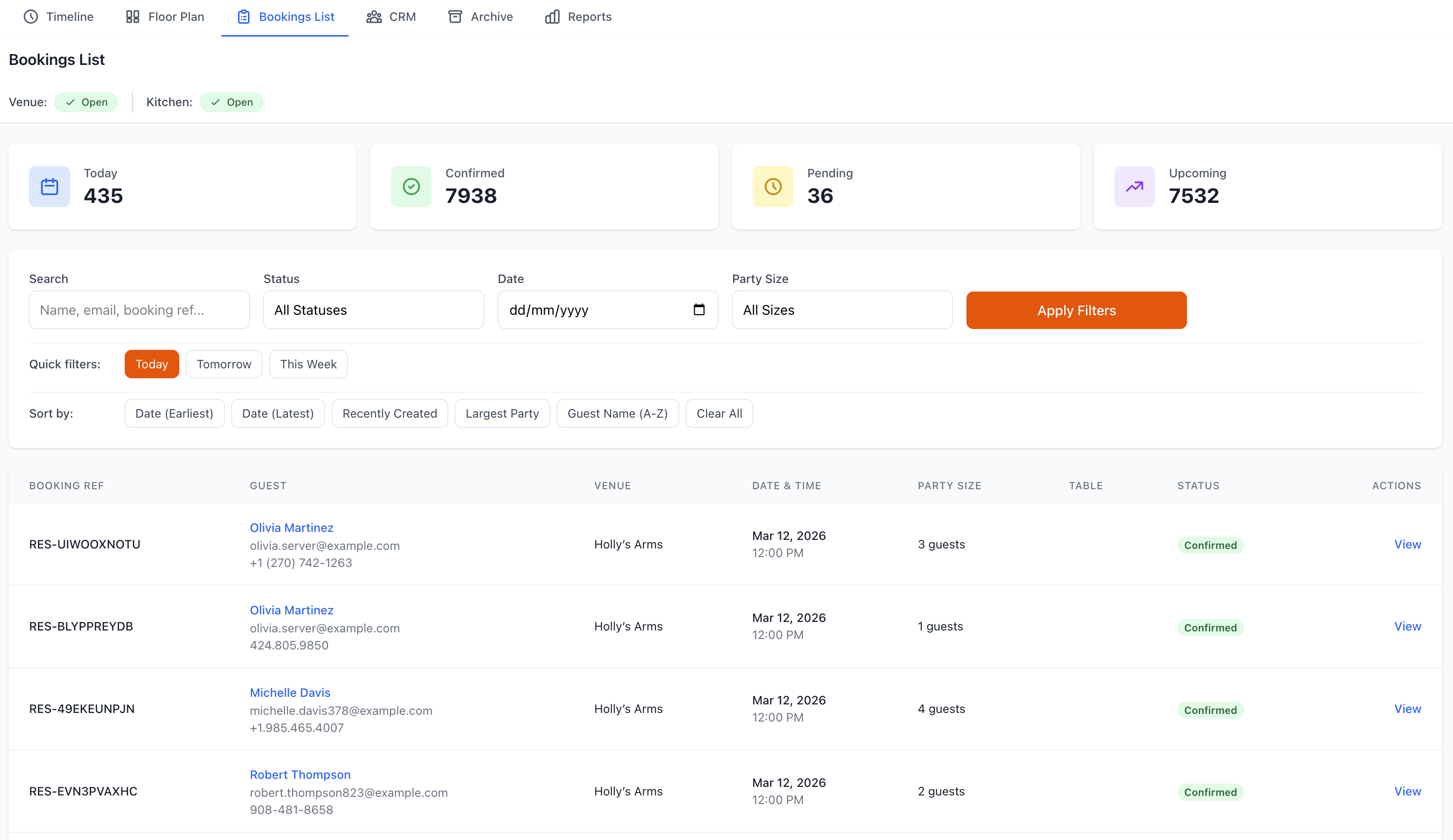 Bookings List View